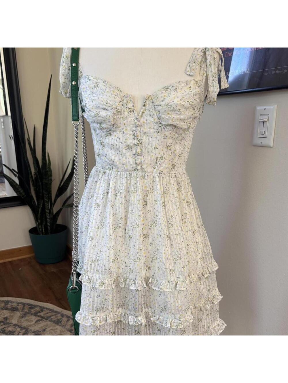 Lulus Floral Ruched Mini Dress Small White Cottagecore Coquette Tiered